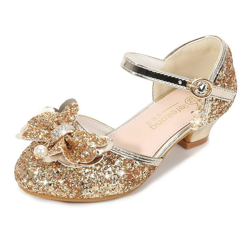 Children's Sandals for Party Wedding Elegant Bowknot Kids Girls Versatile Sequins High-heels Fashion Pearl Princess Single Shoes
