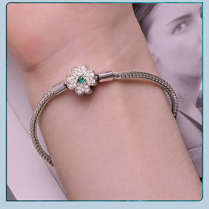 925 Sterling Silver Four-Leaf Clover Snake Basic Bracelet Pave Setting CZ for Women Beads and Charms DIY Fine Jewelry