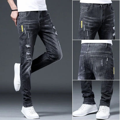 2023 Spring and Autumn New Fashion Trend Ripped Denim Pants Men's Casual Slim Comfortable Breathable High Quality Stretch Pants