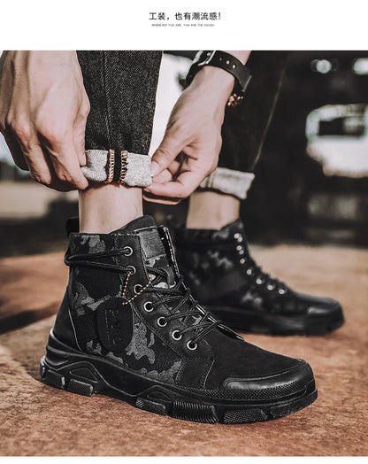 Men's canvas boots autumn winter new plus velvet high-top warm casual boots outdoor boots camouflage tooling boots desert boots