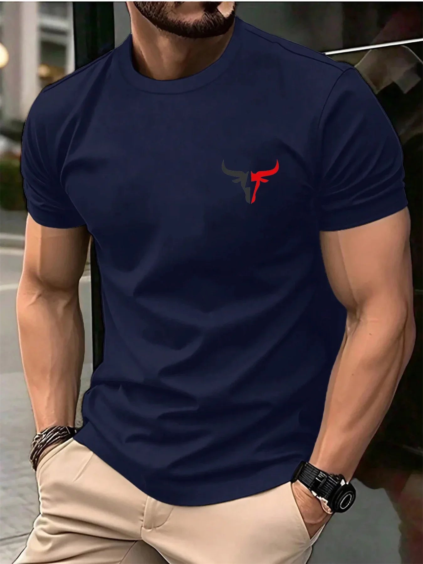 Summer men's 100 cotton casual loose plus size bull pattern printed sports comfortable round neck short sleeved T-shirt top