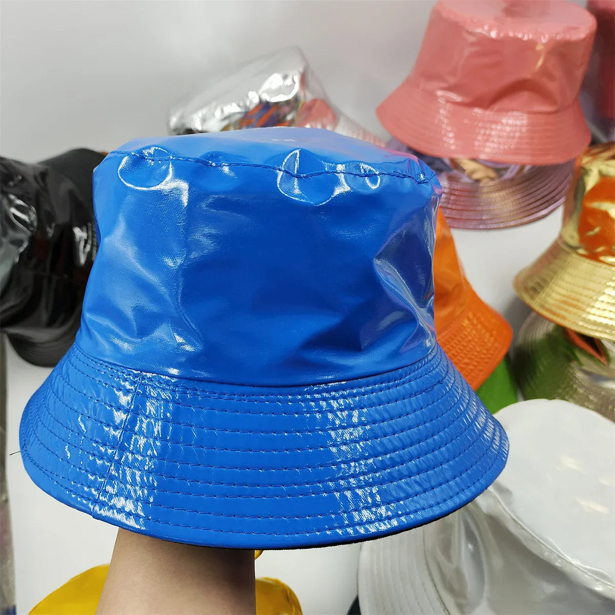 Colorful Shiny Leather Two Sided Fisherman Hat Women's and Men's Hip Hop Summer Sunshade Hat Foldable Bucket Hat