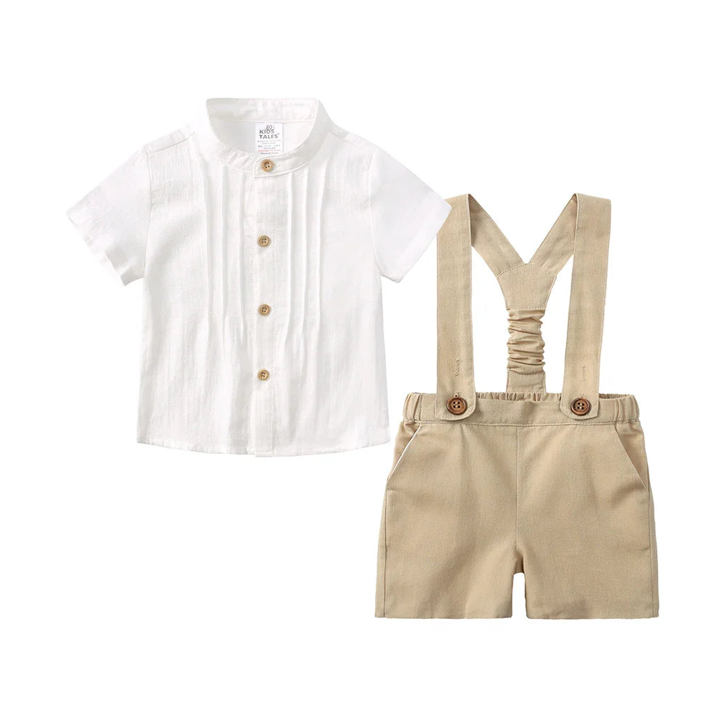 Baby Boy Gentleman Outfits Infant Cotton Linen Stand Collar Short Sleeve Shirts+Suspender Shorts Little Kid Overalls Clothes Set