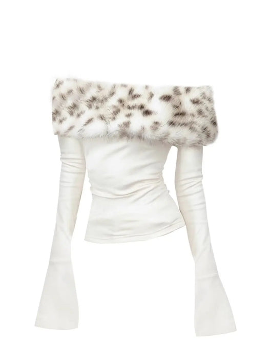 Luxury Fur Graphic Long sleeve T shirt Y2k Women Autumn Winter Off shoulder Tops 2000s Vintage Basic Blouse Tees White Shirt