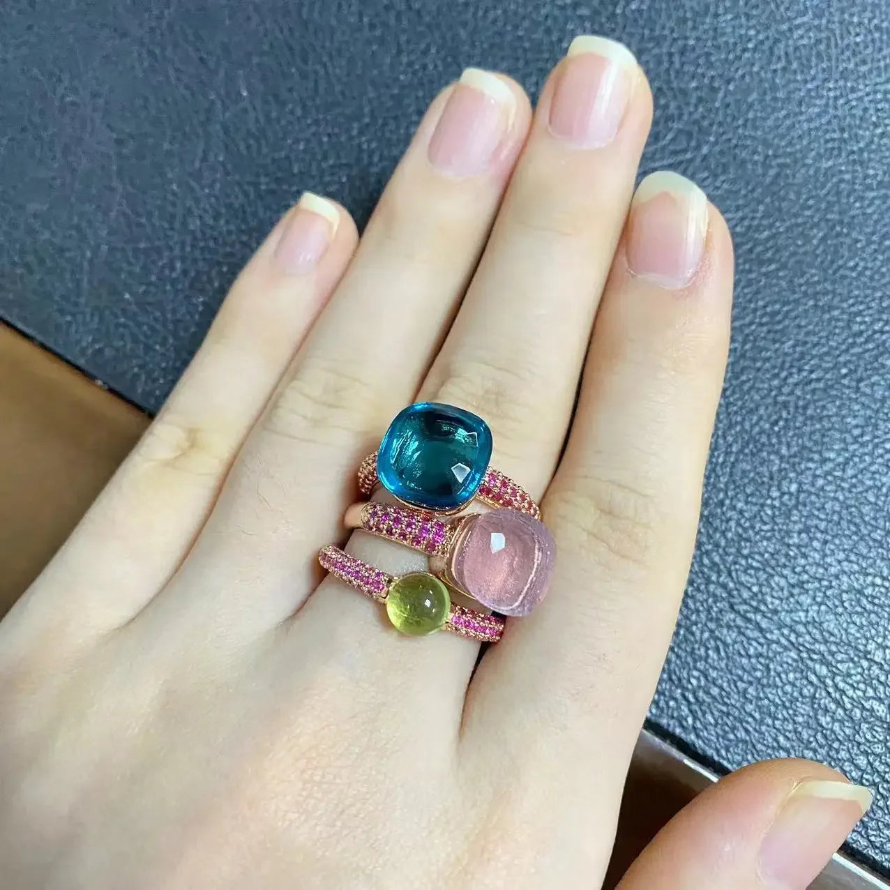 Conjunto de 3 anéis empilháveis ​​Nudo para mulheres, conjunto com cores mistas, cristais tipo bala incrustados, zircônia, ametista, topázio azul, joia redonda, presente