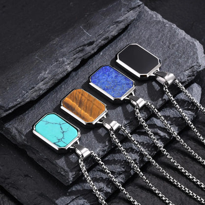Trendy Pendant Necklaces for Men Boys,Square Natural Stone Stainless Steel Necklaces,Hip Hop Cool Healing Jewelry Gifts