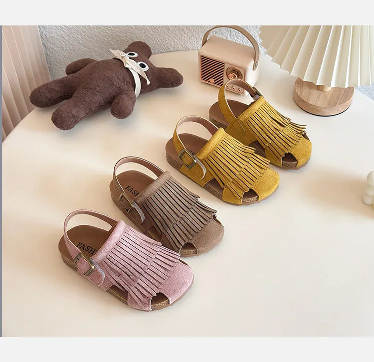 Summer Peep Toe Tassel Children Shoes Girls Sandals Soft Bottom Flat Heel Buckle Girl's Shoes Back Strape Slingbacks Shoe I05285