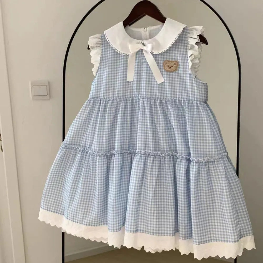 Korean Version Blue Checkered Printed Children's Clothing Sweet Girls Dresses Lace Patchwork Lapel Sleeveless Dress