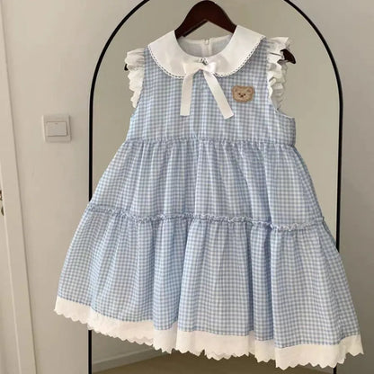 Korean Version Blue Checkered Printed Children's Clothing Sweet Girls Dresses Lace Patchwork Lapel Sleeveless Dress