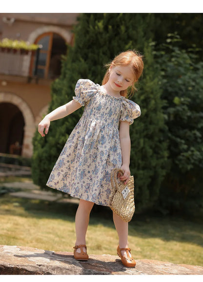 1-6Yrs Casual Summer Kids Girls Dress Floral Kids Clothes Ruffled Collar Purple Baby Girl Princess Dress New Flower Girl Dresses