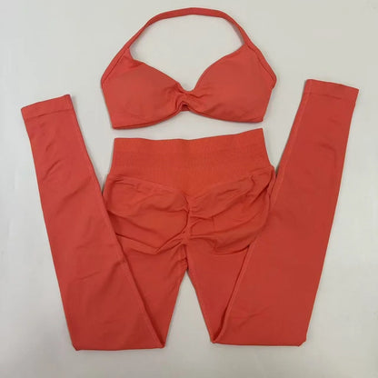 2pcs Seamless Yoga Set Women Yoga Scrunch Leggings Set Strappy Halter Sports Bra Fitness Gym Clothing Workout Set