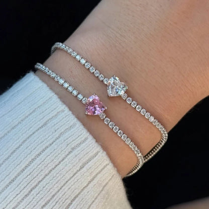 2mm Round Moissanite Tennis Bracelets with 5mm Pink White Heart Cut Diamond Bracelet for Women Men 925 Sterling Silver Bangle