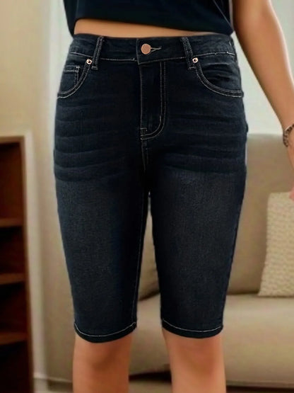 Jeans Curto Feminino Confortável de Cintura Média e Slim