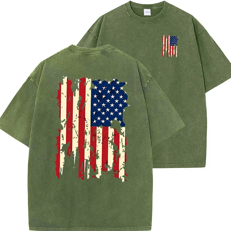Set American Flag Graphic Prints Men Tshirt Summer Vintage Washed Cotton Tees Loose Short Tee Clothing Medium Strecth Tops