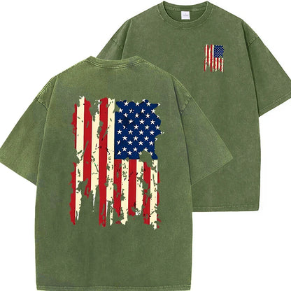 Set American Flag Graphic Prints Men Tshirt Summer Vintage Washed Cotton Tees Loose Short Tee Clothing Medium Strecth Tops