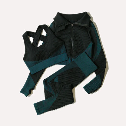 2/3Pcs Women Yoga Suit Seamless Knitted Yoga Pants Leggings Clothing Zipper Long Sleeve Crop Top Fitness Wear Sportswear Gym Set