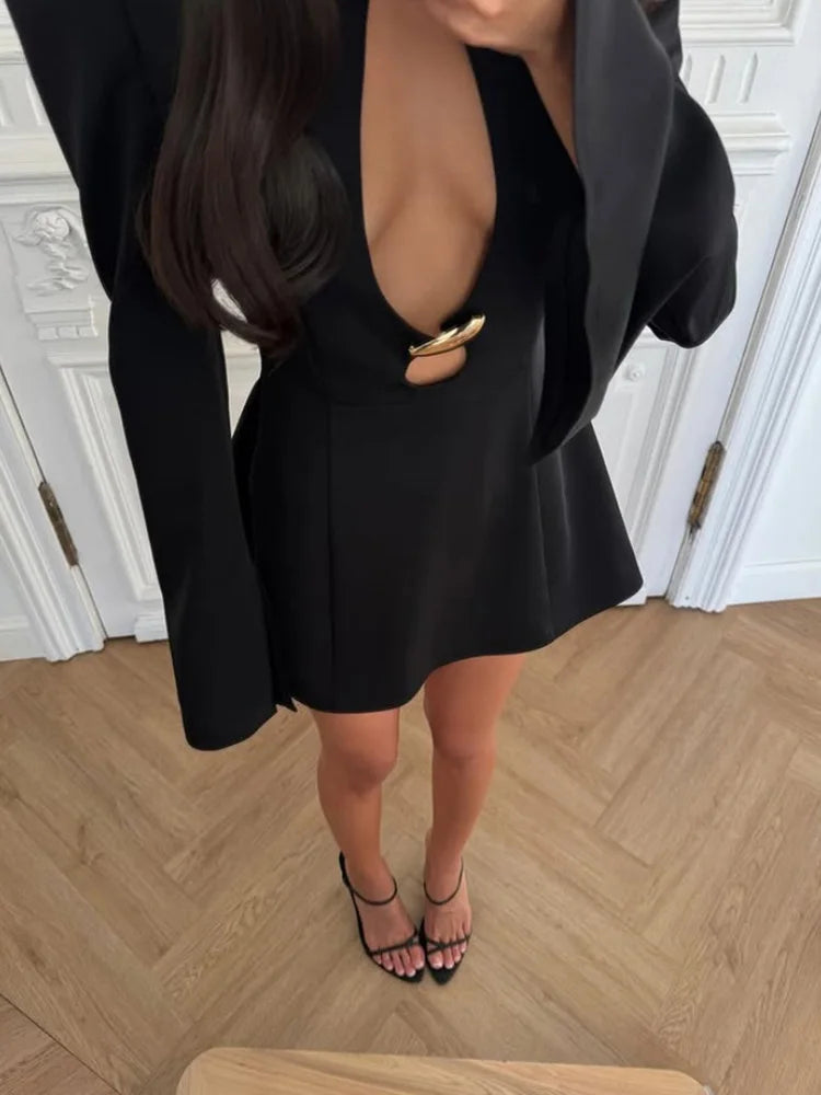 Elegant Women's Mini Dresses Solid Sexy Bodycon Slim Fit Hollow Out Regular Long Flare Sleeve A Line Trend Casual Female
