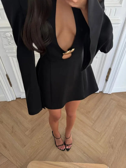 Elegant Women's Mini Dresses Solid Sexy Bodycon Slim Fit Hollow Out Regular Long Flare Sleeve A Line Trend Casual Female