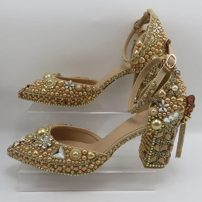 Luxury Champagne Golden Crystal wedding shoes matching bags woman fashion Thick heel Women party dress shoes Pointed Toe shoes
