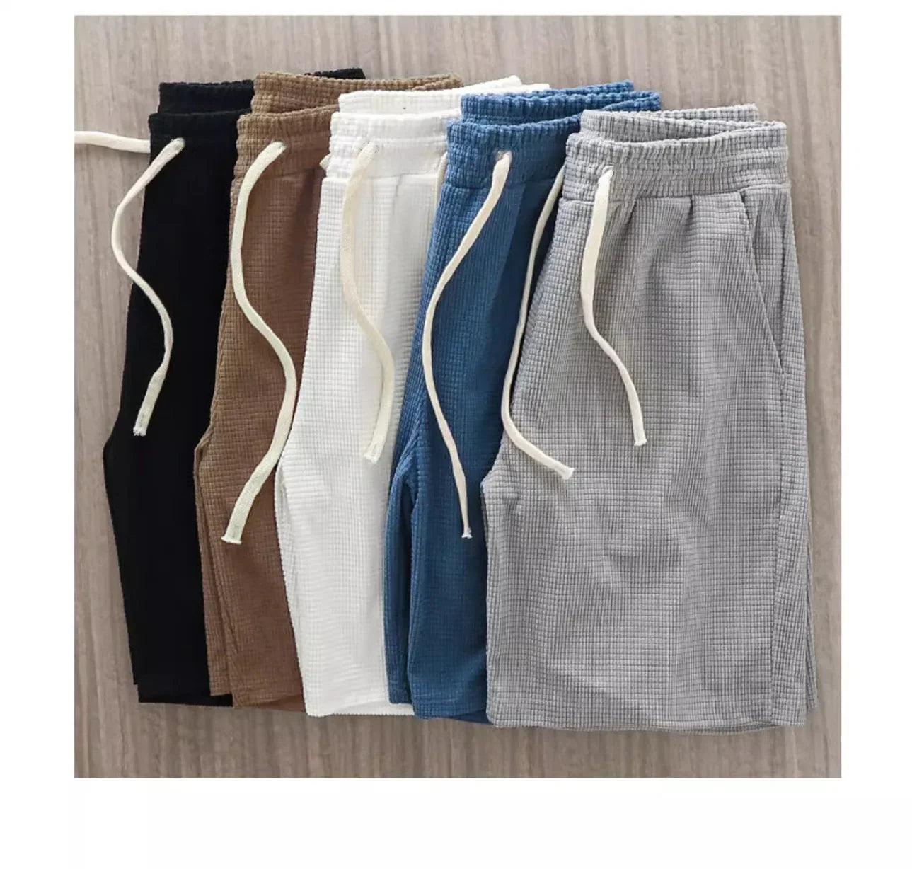 Men Shorts Solid Color Mid Waist Summer Motion Waffle Texture Deep Crotch Drawstring Male Shorts Loose Knee Length Casual Short
