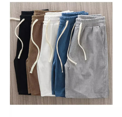 Men Shorts Solid Color Mid Waist Summer Motion Waffle Texture Deep Crotch Drawstring Male Shorts Loose Knee Length Casual Short