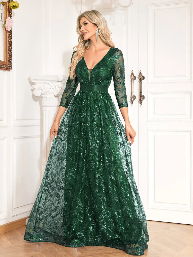 New Elegant Blue V-Neck Floral Evening Dress Long 2025 Luxury Women Long Sleeve Wedding Party Cocktail Dress Prom