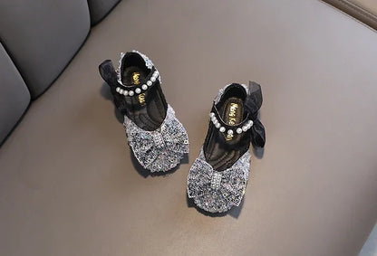 Toddler Girl's Princess Shoes Sequins Lace Bowknot 21-36 Children Mary Janes Three Colors Luxury Trendy Party Kids Shoes Flats
