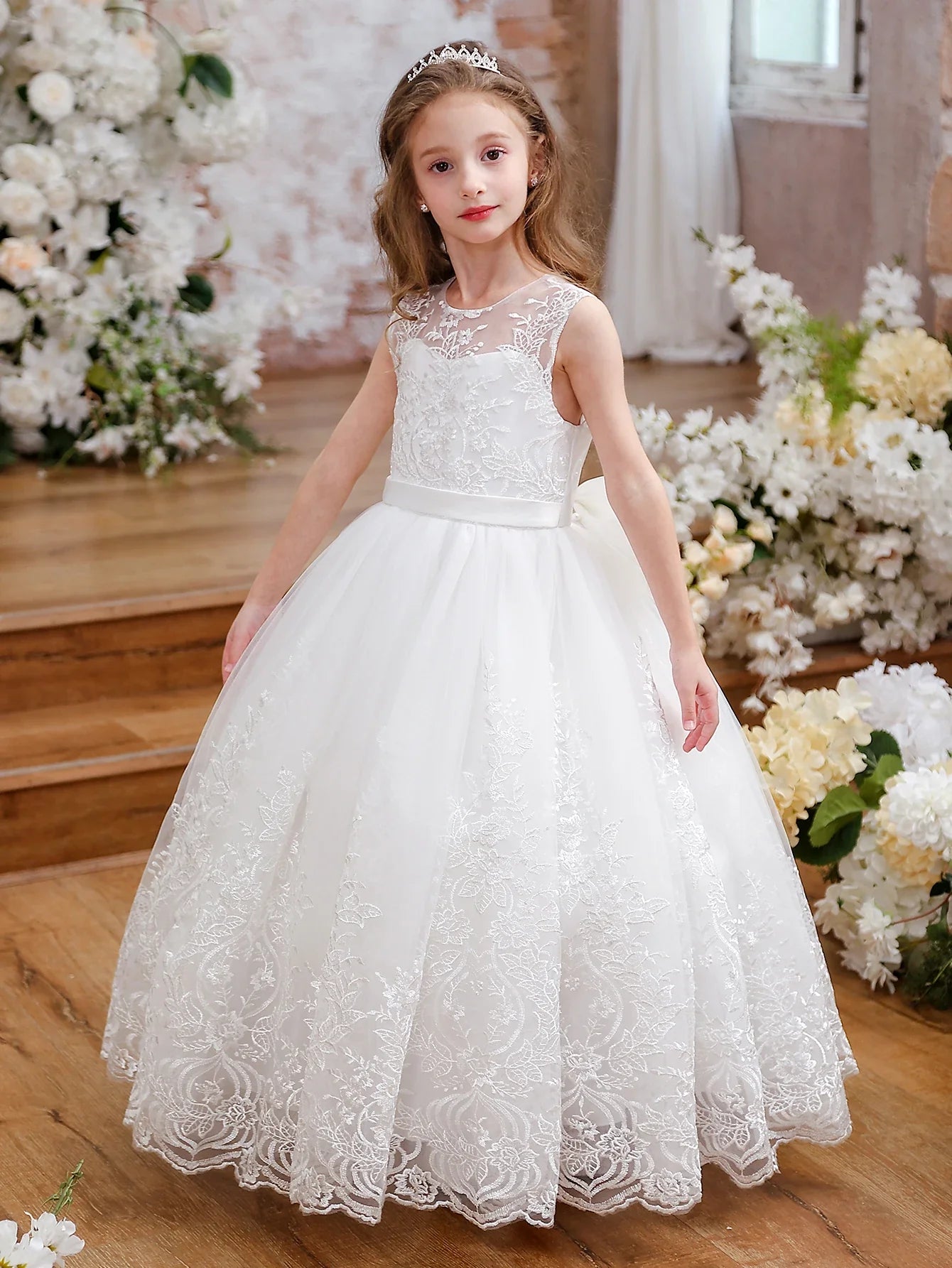 lower Girl Dress Embroidery Tulle Lace for Kid Bridesmaid Birthday Party Communion Formal Princess Bow Ball Gown