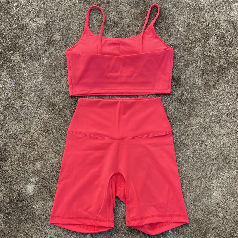2 Piece Yoga Shorts Set Gym Sports Set Women Workout Clothes Fitness Suit Thin Strap Bra Top High Waist Shorts Running Tracksuit