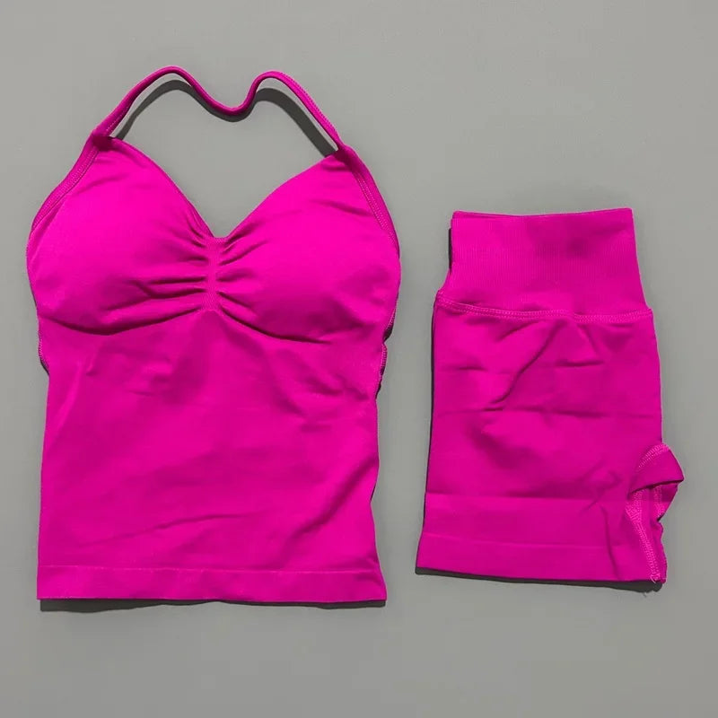 No Logo 2 Pies Sports Set Women Backless Tank Yoga Tops High Waist Scrunch Seamless Shorts Sport Gym Set Sportswear Workout Set