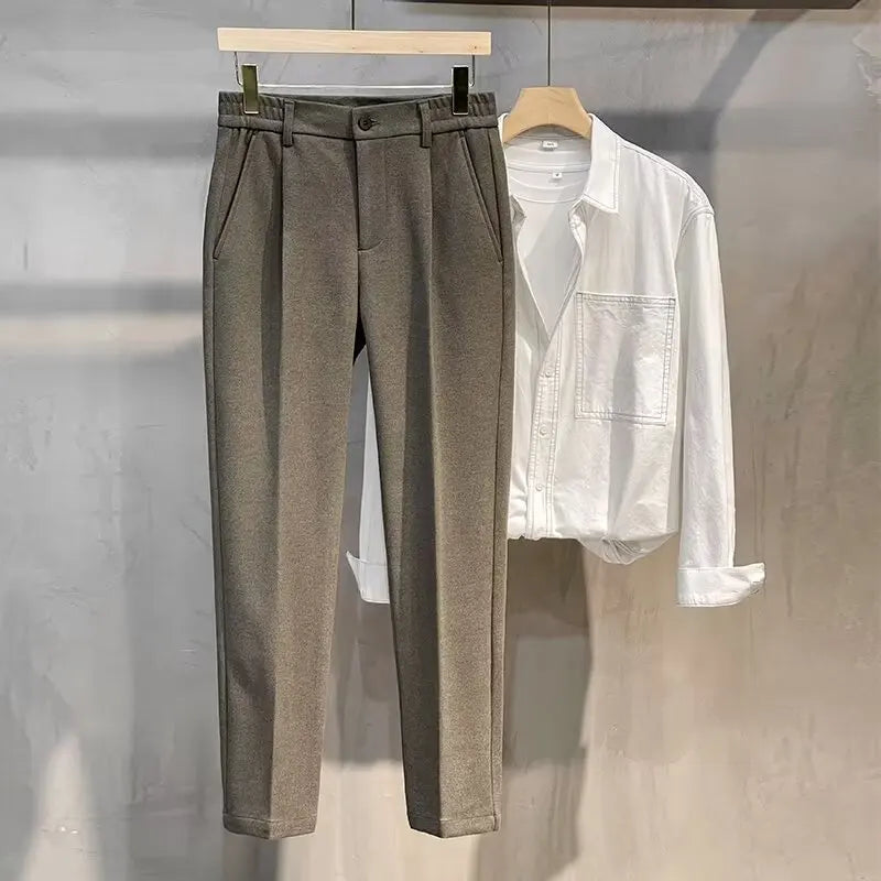 Men's Woolen Straight Leg Casual Pants Autumn Winter Thickened Fashionable Nine Point Pants mid Waist Pure Color Anti-Wrinkle
