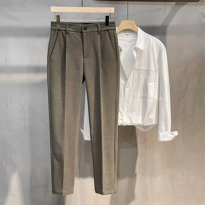 Men's Woolen Straight Leg Casual Pants Autumn Winter Thickened Fashionable Nine Point Pants mid Waist Pure Color Anti-Wrinkle