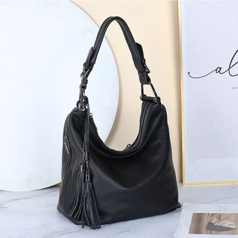 Fashion Tassel Women Shoulder Bag 100% Genuine Leather Daily Shopping Hobos Classic Large Red Tote Handbag Crossbody Bag