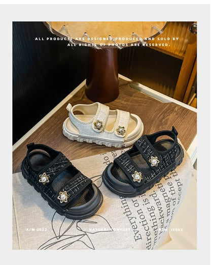 2025 Nice Straw Children Sandals New Arrivals Girls Appliques Metal Decos Sandals for Kids Girl Anti-kick Toe Beach Shoes I03242