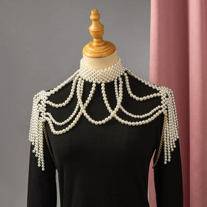 Elegant Bridal Shoulder Chain Jewelry Handmade Beaded Large Necklace Hollow Imitation Pearl Body Chain Wedding Shawl Accessories