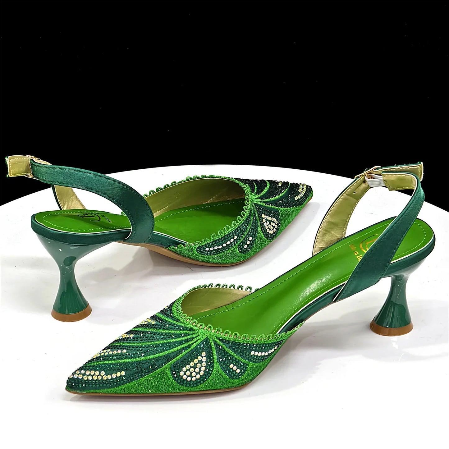 New Green Colour Pointed-Toe Diamond-Studded Party Women's High Heels Gorgeous Parties Shoes and Bag to Match