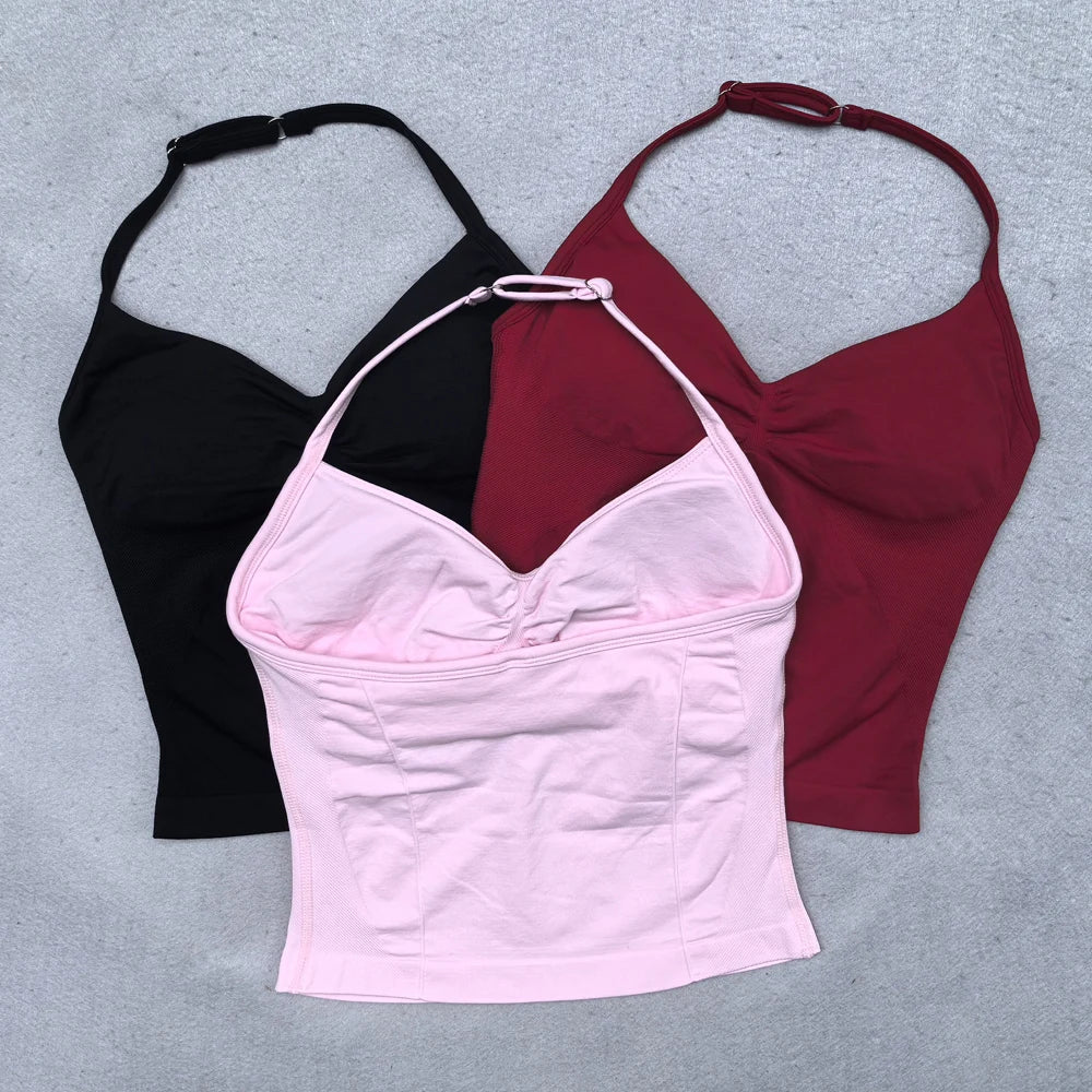 New Seamless Yoga Set Women 2Pcs Padded Halter Tank Top Scrunch Butt Lifting Gym Shorts Set Summer Sportswear Workout Clothes