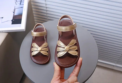 Girls Sandals Hook&loop Kids Beach Shoes Soild Color Versatile 2025 Summer Girls Princess Shoes Retro Sweet Flowers Korean Style