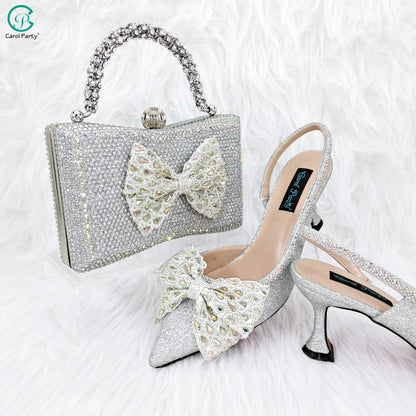 Butterfly-knot Princess Style! Nigerian Ladies Rhinestone-Encrusted Bag & Wear-Resistant and Comfortable Pointed-Toe High Heel