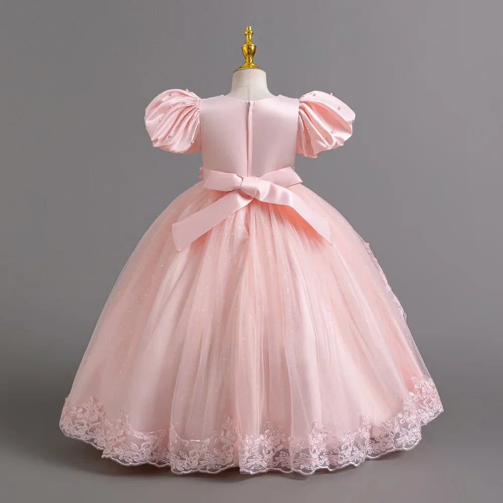 Girl's Pearl Bubble Sleeves Princess Dress 4-12 Years Old Fashionable Flower Lace Satin Dress Birthday Wedding Flower Girl Dress