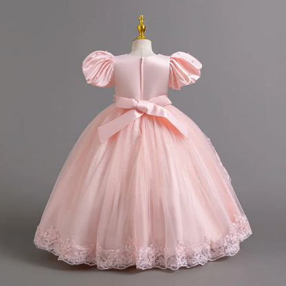 Girl's Pearl Bubble Sleeves Princess Dress 4-12 Years Old Fashionable Flower Lace Satin Dress Birthday Wedding Flower Girl Dress