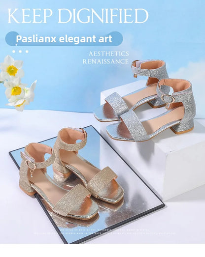 2025 Summer New Children's Sandals Fashion Girls' High Heels Silver Sequins Open Toed Girls' Princess Sandals