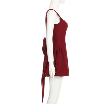 Fashion Red Bowknot Mini Dress Straps Square Collar Sleeveless Backless Vintage Cute Ladies Slim Party Short A-line Dresses