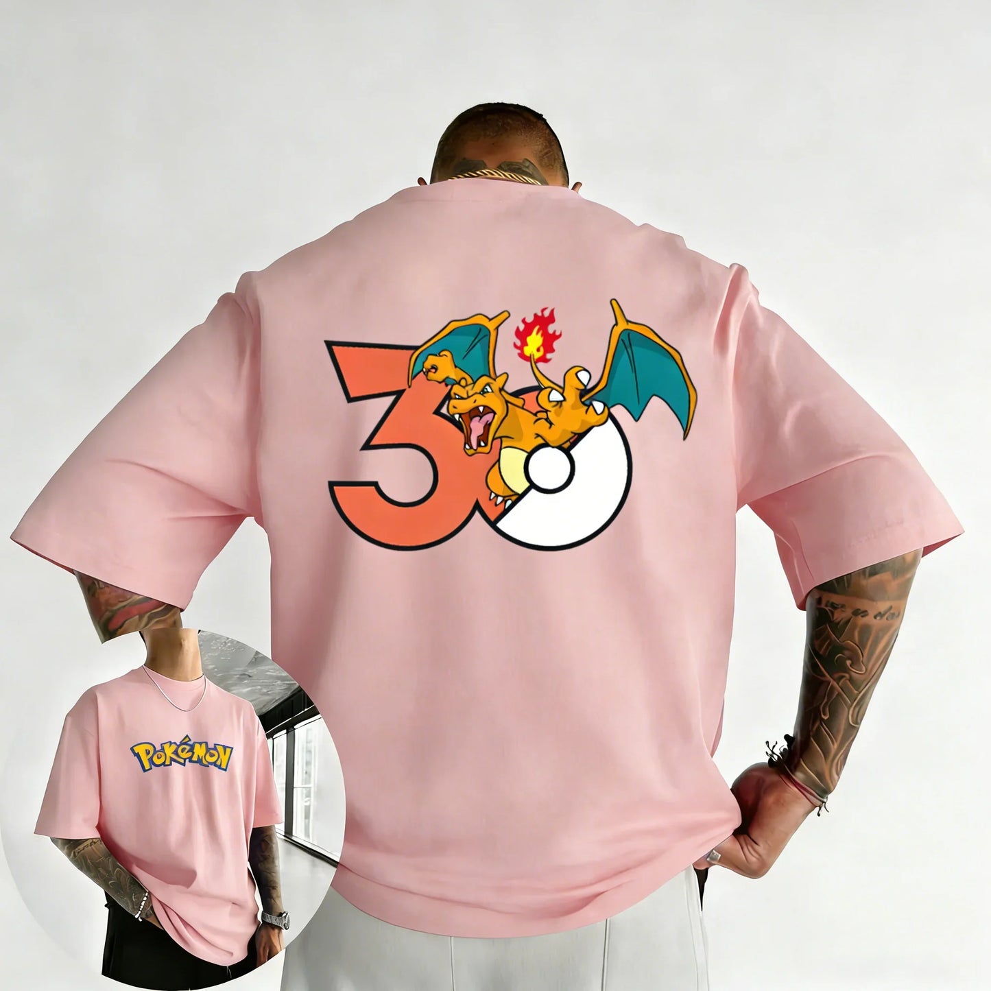 30th Anniversary Charizard Printed T-shirt Summer Men's and Women's Loose Casual Hip Hop Trendy Short Sleeve Top