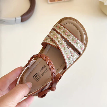 Summer Girl's Sandals Braided Flower Classic Trendy Vintage Kids Sliders Beige Brown Open Toe Holiday Pu Leather Children Shoes