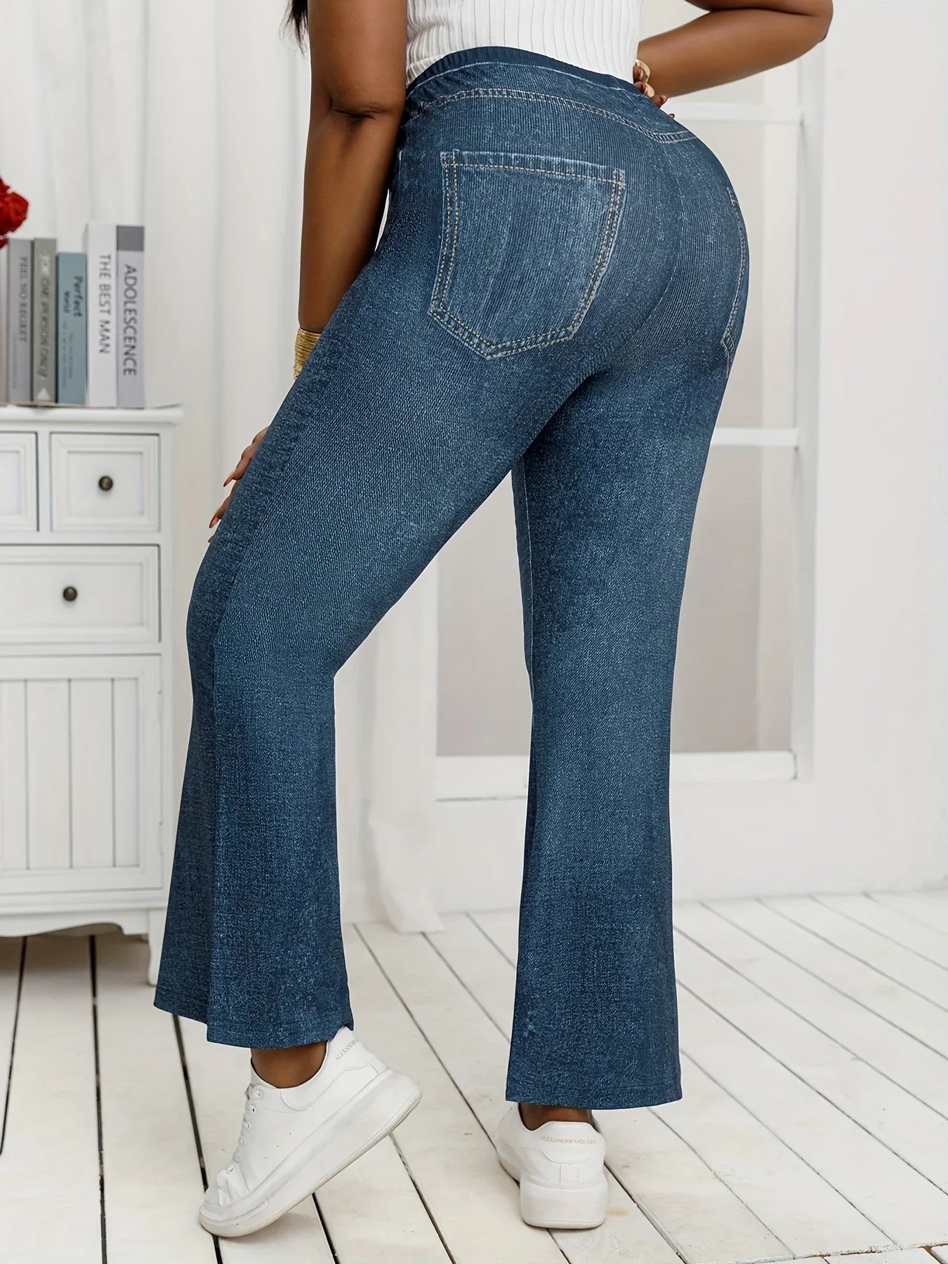Denim Print High-Stretch Flared Pants Loose Fit Trousers