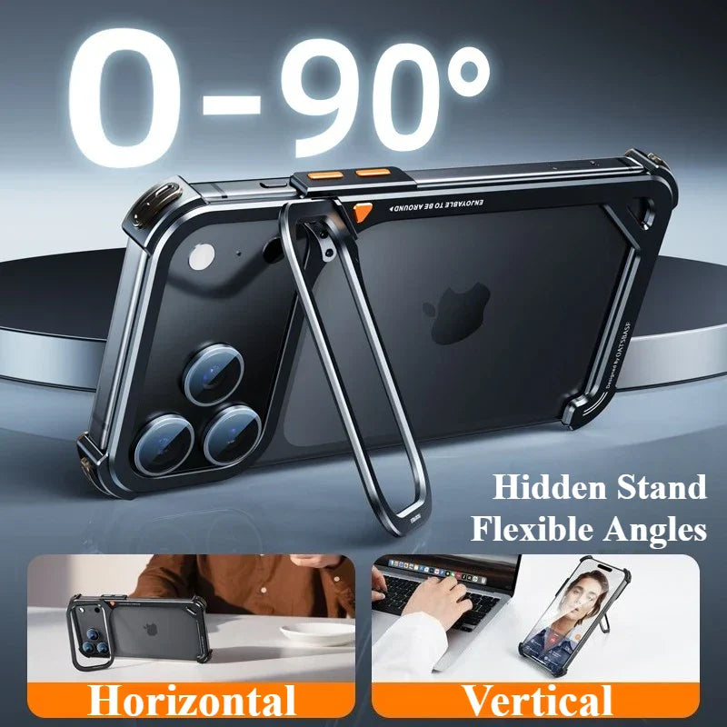 9-Shaped Phone Case for iPhone 17 Pro Max/17 Pro with Hidden Stand Metal Frameless Magsafe Minimalist Shockproof Cover