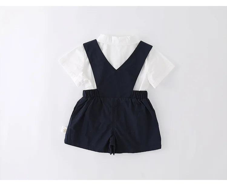 Baby Boys Gentleman 2pcs Overalls Set Bow Tie White Shirt+Suspender Shorts 1st Birthday Outfits Kids Handsome Suit