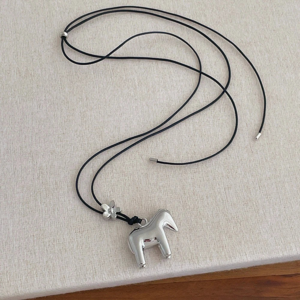 Minar Funny Metallic Cartoon Horse Multi Tassel Beads Pendant Necklaces for Women Female Adjustable Long Wax Rope Chain Chokers