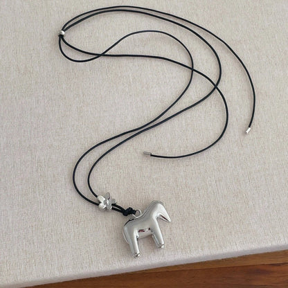 Minar Funny Metallic Cartoon Horse Multi Tassel Beads Pendant Necklaces for Women Female Adjustable Long Wax Rope Chain Chokers